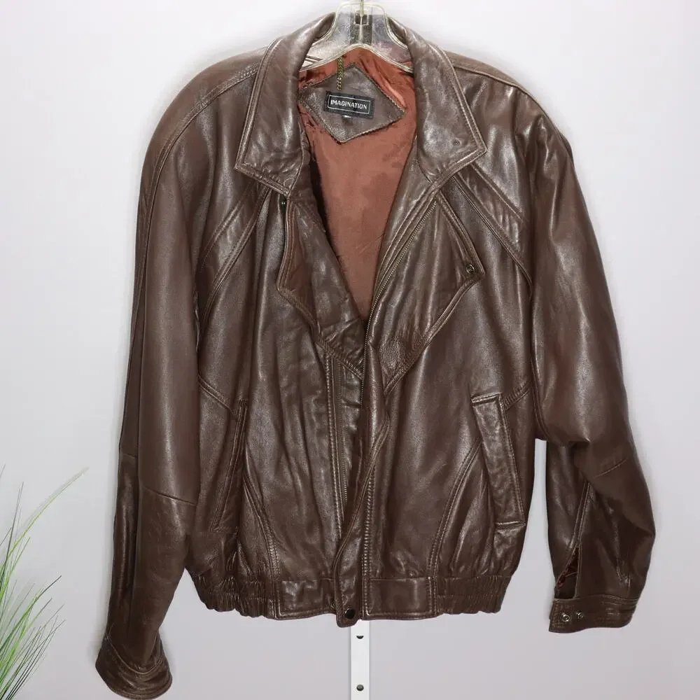 Imagination Brown Leather Jacket‎ Men’s XL Distressed Bomber Style